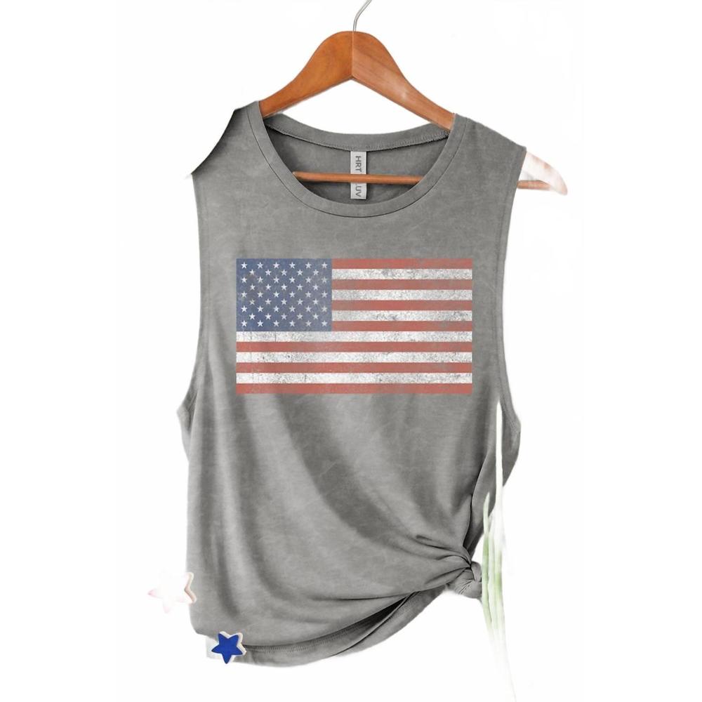 NEW HRT & LUV women's vintage american flags graphic tank top in gray